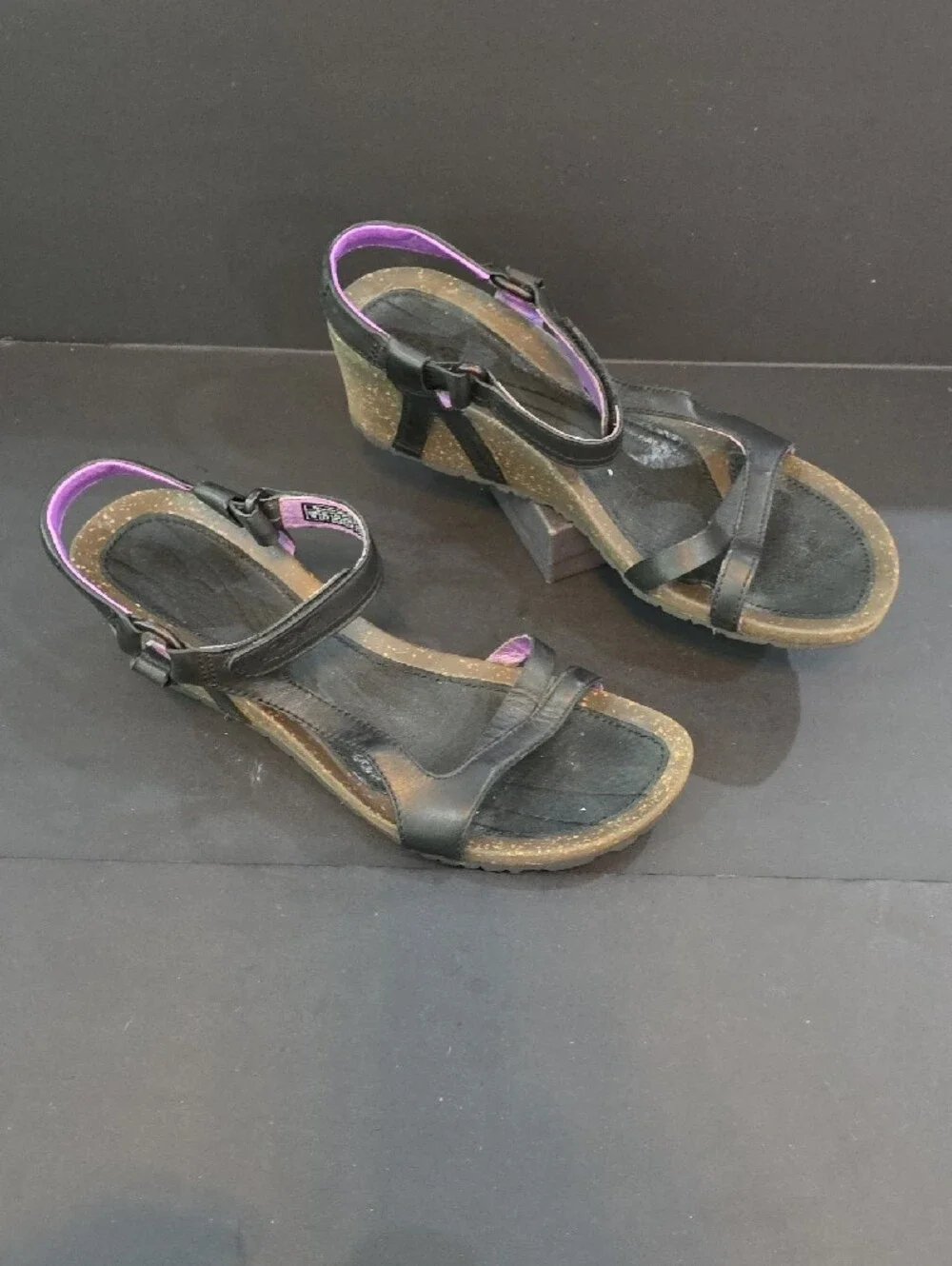 Teva Cabrillo Women's Black Wedge Sandals with Purple Lining Size 10